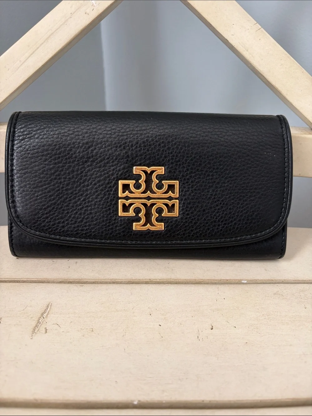 Tory Burch Black Pebbled Leather Wallet with Gold Logo Accent
